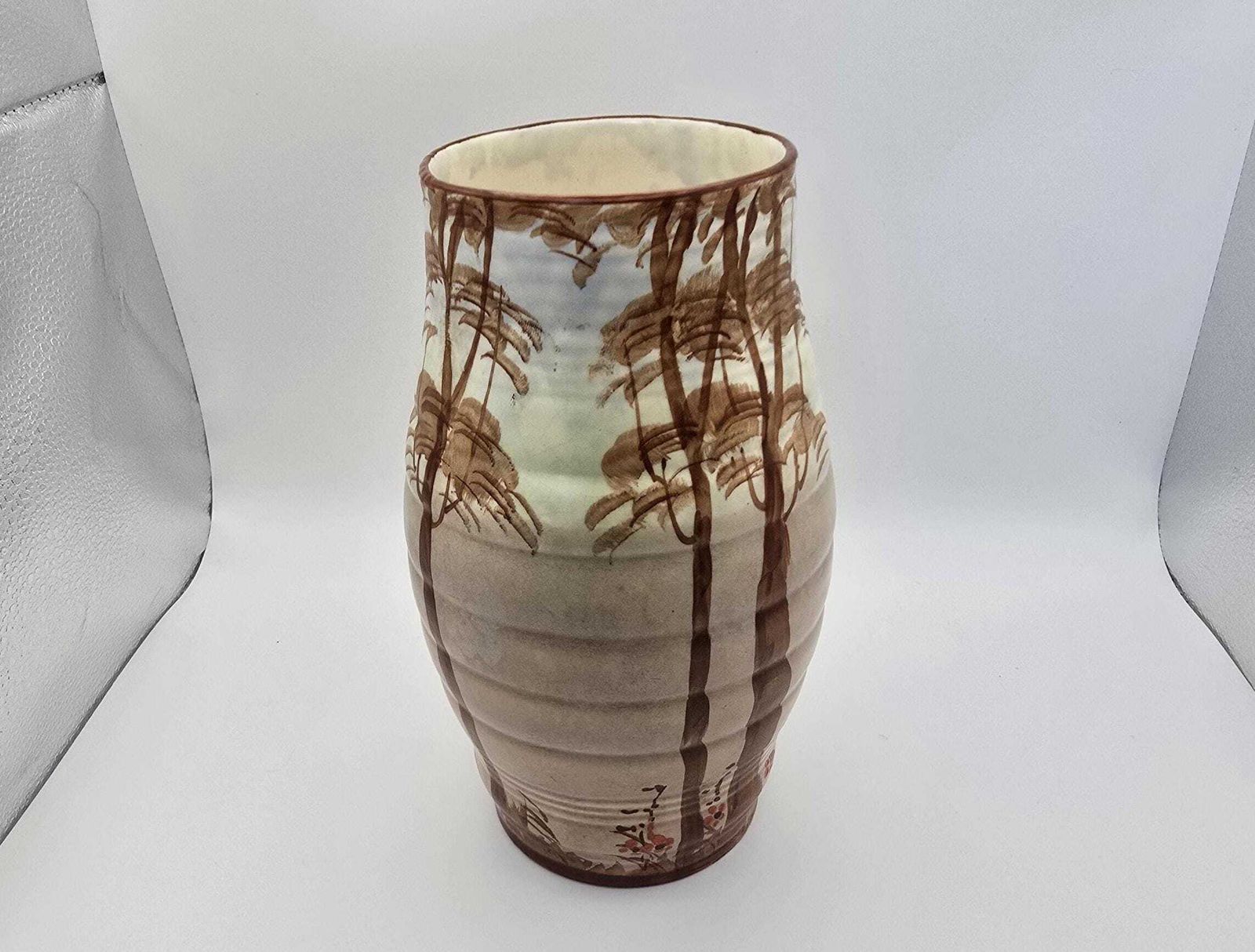Art Deco Thomas Forester & Sons Phoenix Ware Vase   Ribbed Brown Vase With Hand Painted Trees   1930s photo 50.0