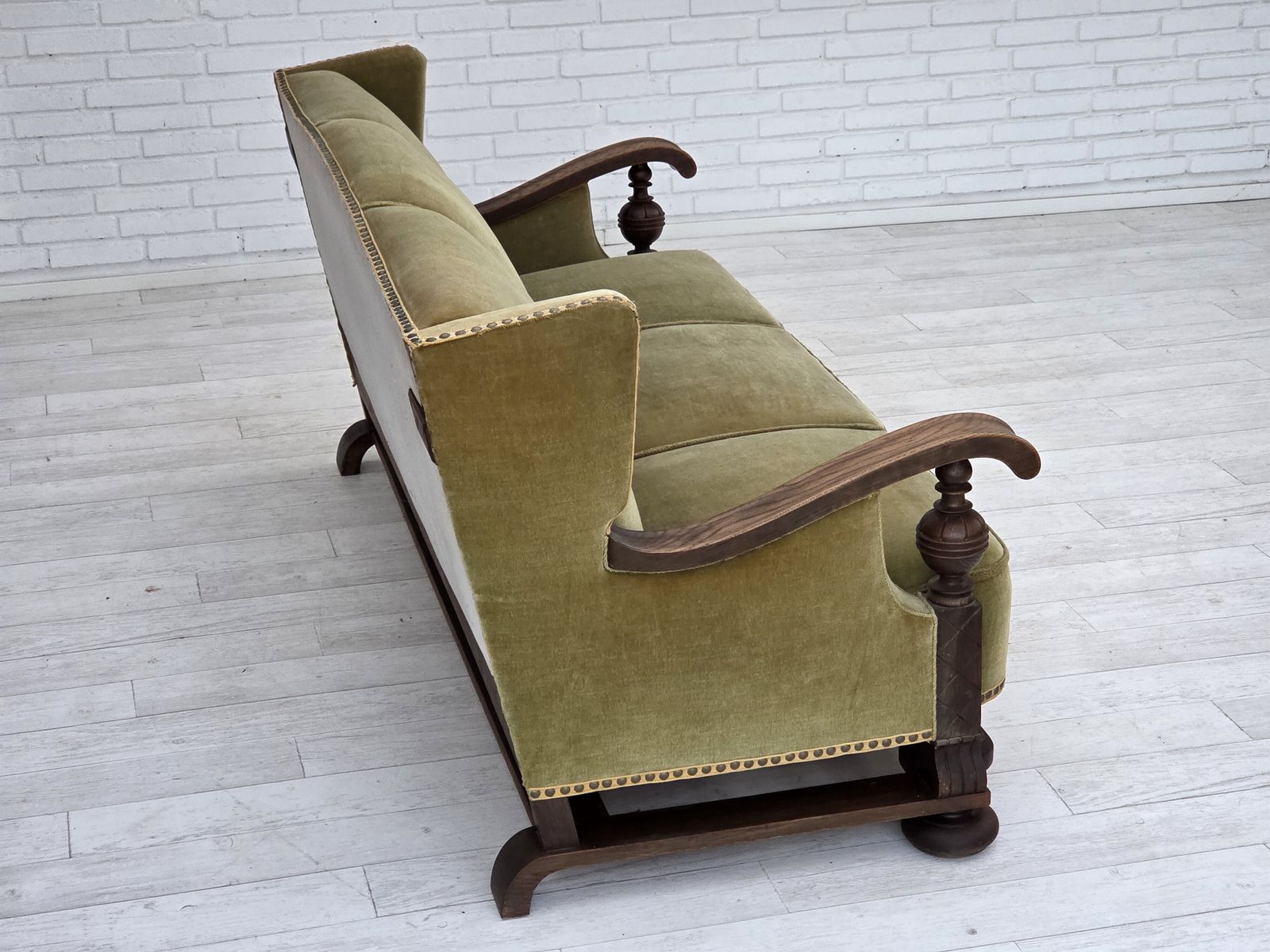 Furniture 1950s, 3 Seater Danish Sofa, Original Condition, Furniture Velour, Solid Oak Wood. photo
