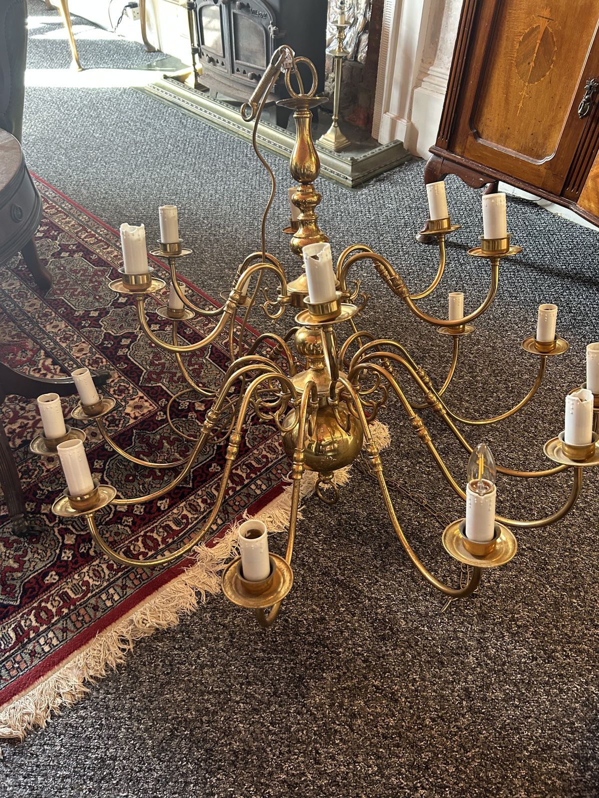 Large Flemish Style Chandelier, 18 Arms, Electric, Brass photo for sale