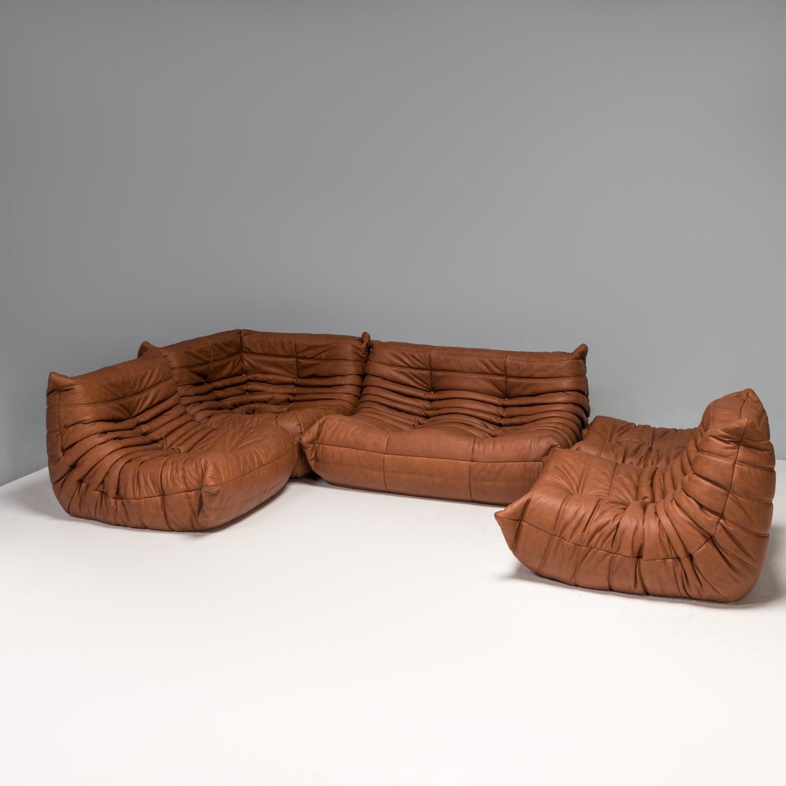 Ligne Roset By Michel Ducaroy Togo Brown Leather Modular Sofa And Footstool, Set Of Five photo furniture
