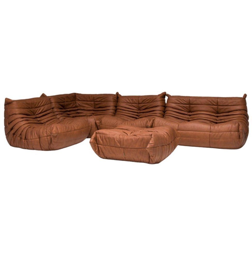 Ligne Roset By Michel Ducaroy Togo Brown Leather Modular Sofa And Footstool, Set Of Five