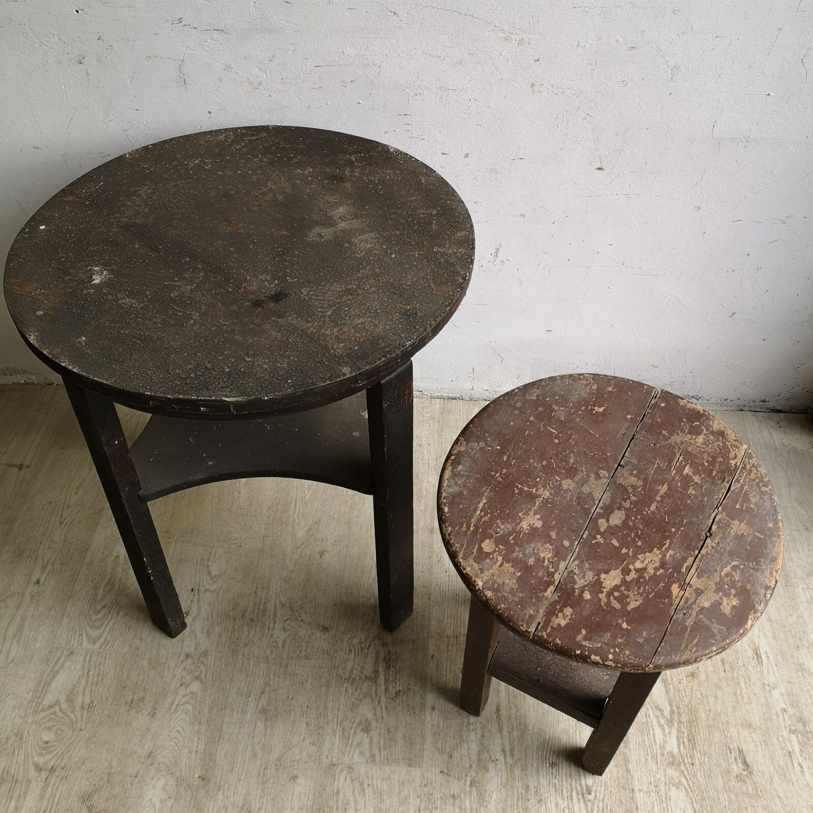 Set Of 2 Old Primitive Wooden Circular Tables Shabby Scratch Built, Atmospheric photo furniture