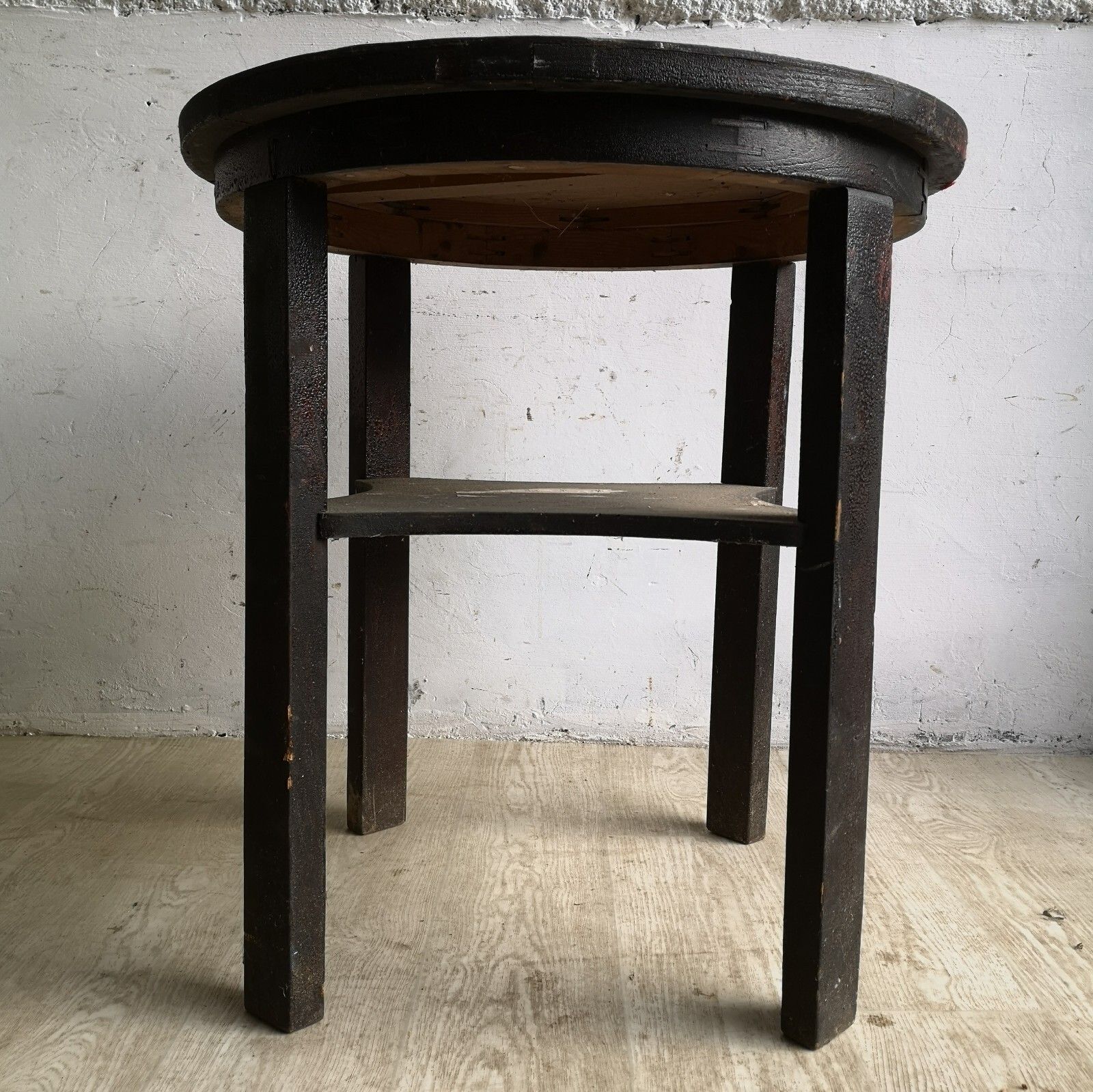 Set Of 2 Old Primitive Wooden Circular Tables Shabby Scratch Built, Atmospheric photo vintage