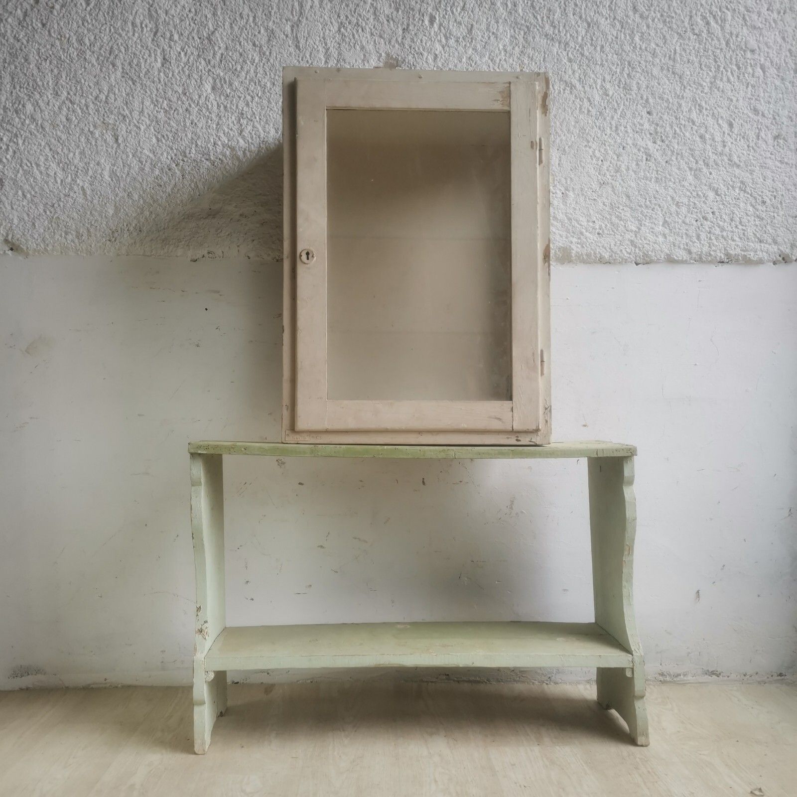 White Antique Chippy Wooden Glass Display Med Cabinet Rustic Scratch Built C1920