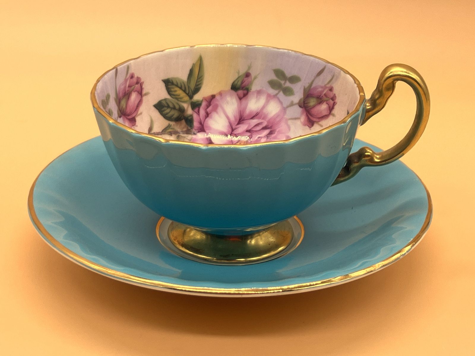 Aynsley China Cabbage Rose Oban Shape Turquoise And Gold Footed And Fluted Cabinet Tea Cup & Saucer Duo. 1031. photo 450.0