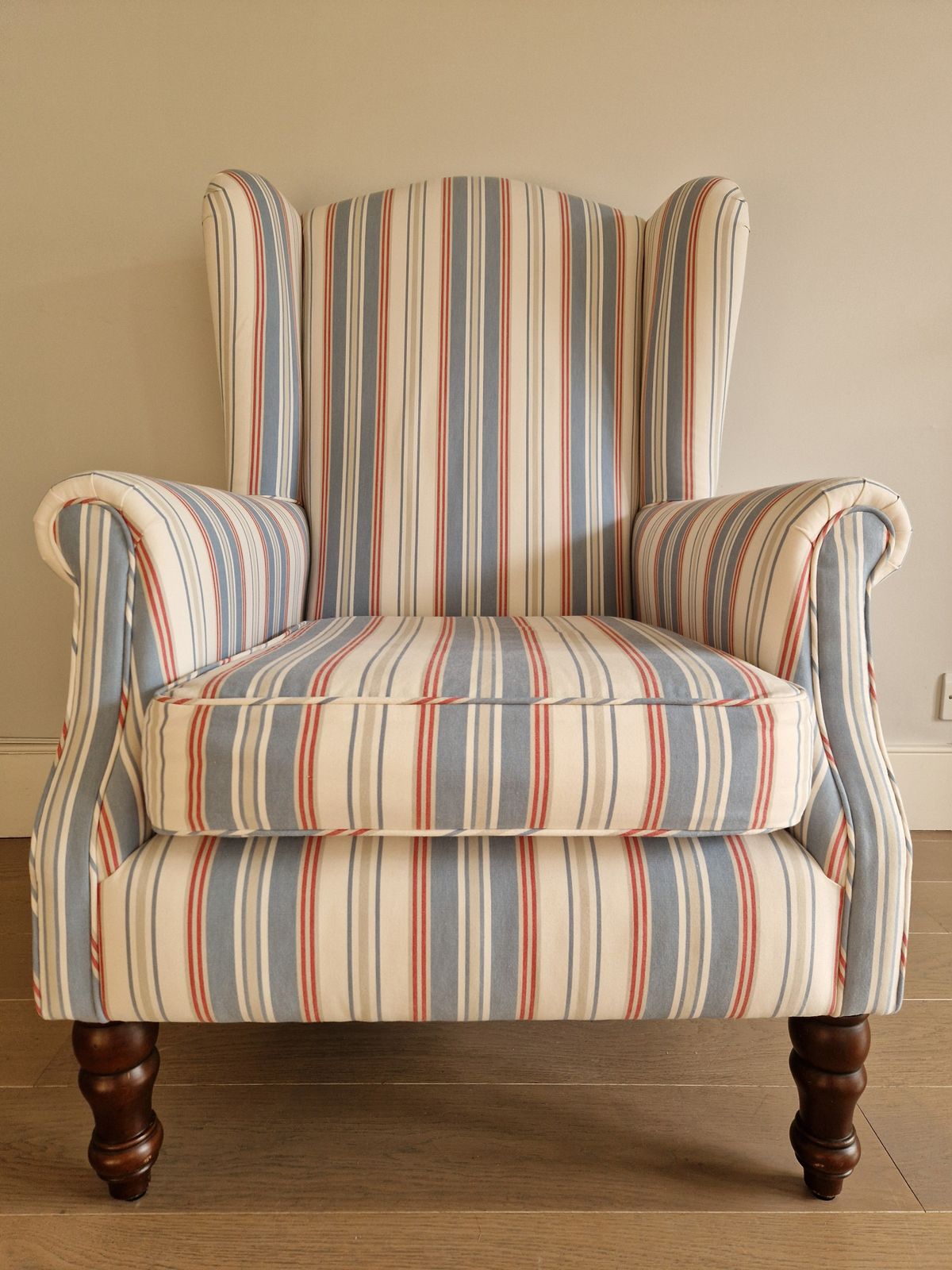 Exquisite Wingback Armchair In Jane Churchill Red And Blue Stripes photo 950.0