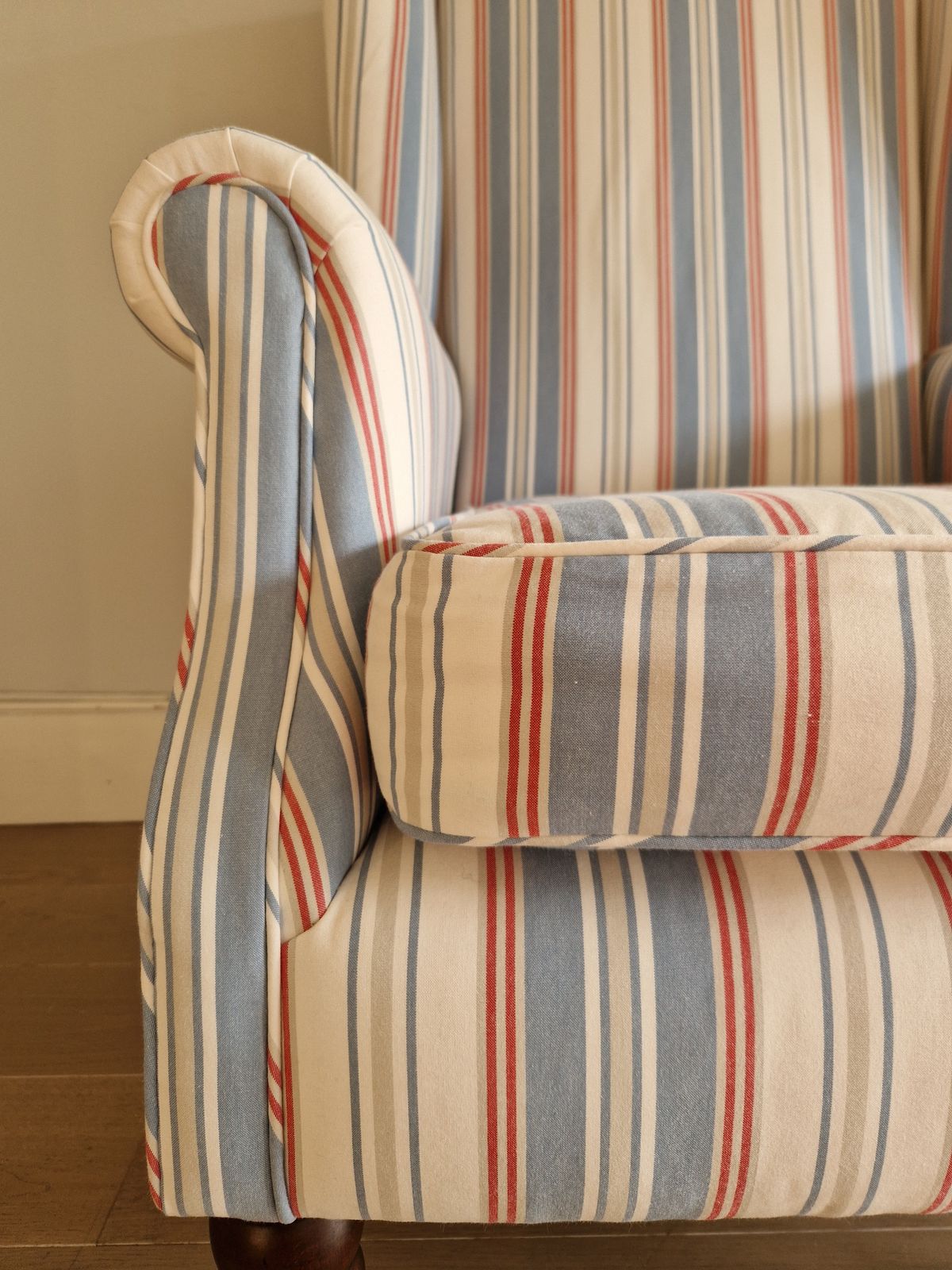 Furniture Exquisite Wingback Armchair In Jane Churchill Red And Blue Stripes photo