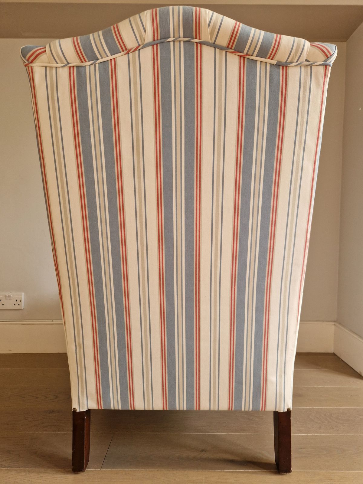 950.0 Exquisite Wingback Armchair In Jane Churchill Red And Blue Stripes photo