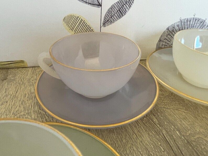 Arcopal Harlequin Pastel Coffee Cups And Saucers Set   Vintage French Glass photo vinterior