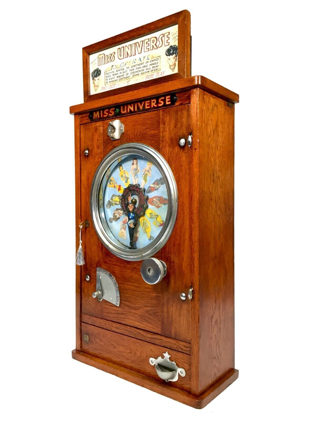Antique Pierre Bussoz 'Miss Universe' Penny Operated Arcade Machine   Working photo furniture