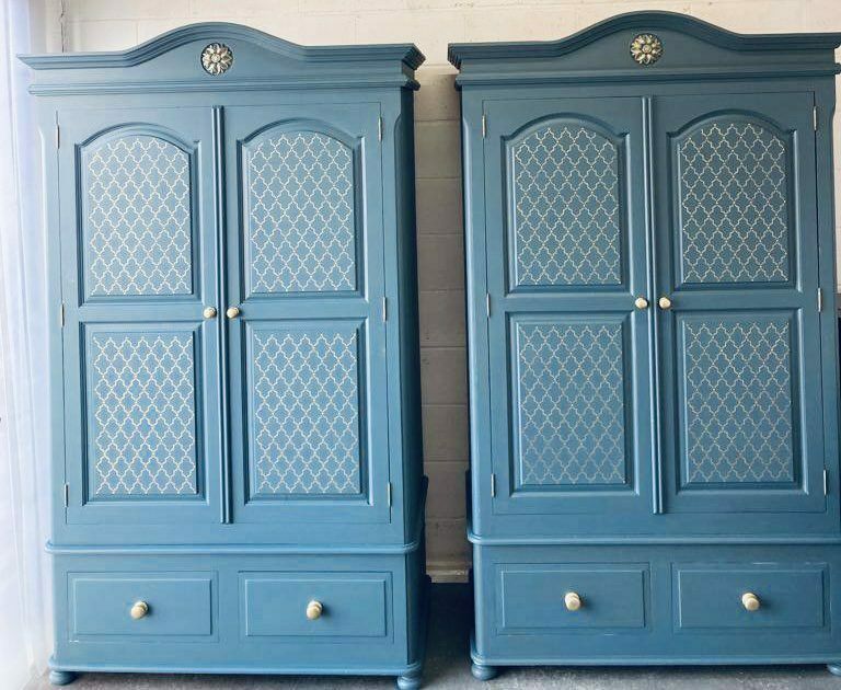 Pair Of Solid Pine Wardrobes In Black With Gold Floral Lace Detail On Base With Drawers photo 1300.0