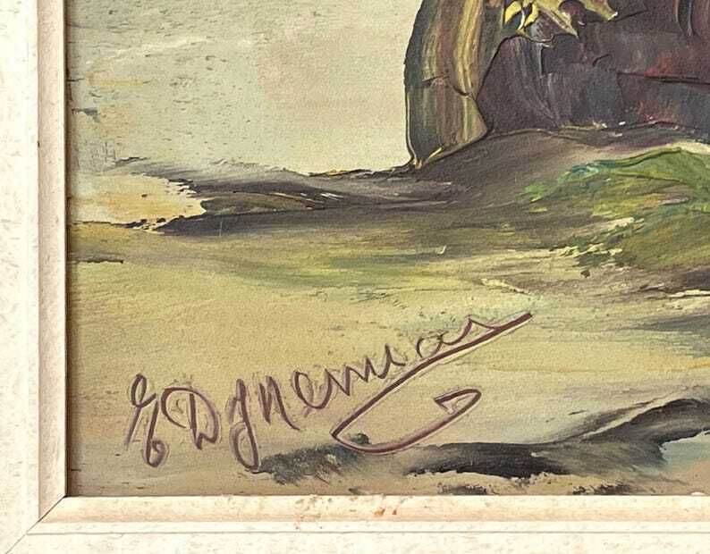 Vintage Mid Century Signed Landscape Oil Painting From Denmark With Abstract Ocean View Motive In A Wooden Frame photo for sale