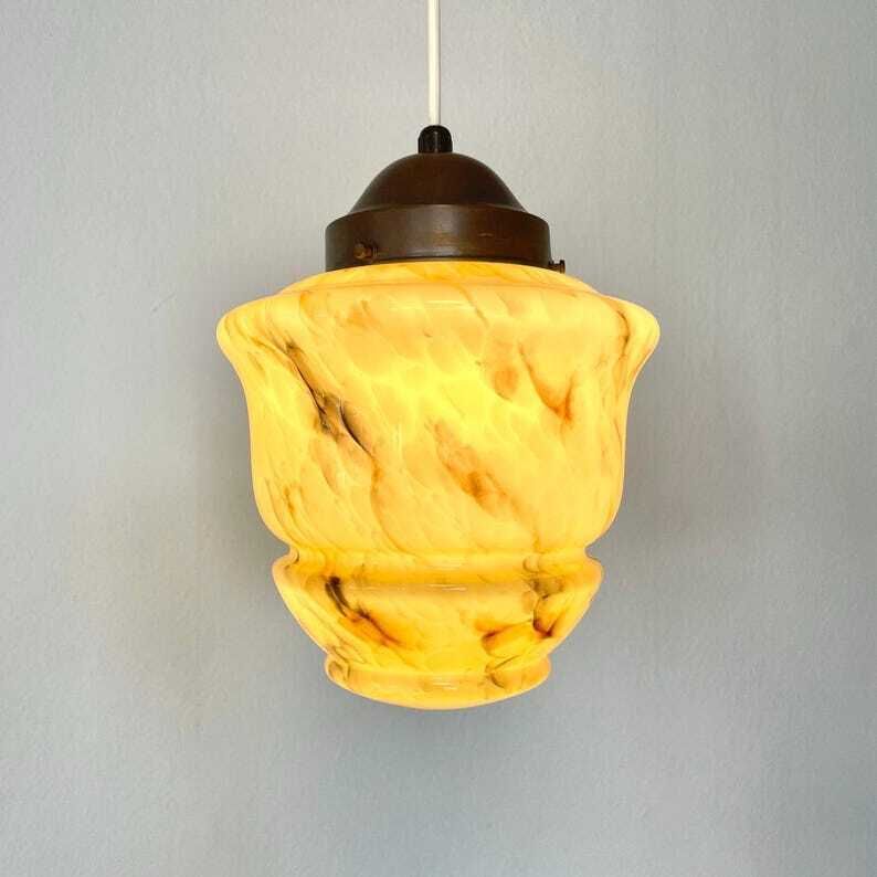 Antique Art Deco Marbled Glass Ceiling Lamp In Organic Shape With Stunning Design Shade And Beautiful Details