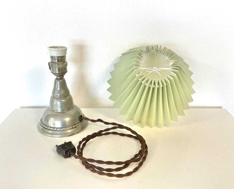 Danish Art Deco Hammered Pewter Table Lamp In Organic Shape With Decoration And Green Vintage Fabric Pleated Shade   Design By Hags, Denmark photo 201.0