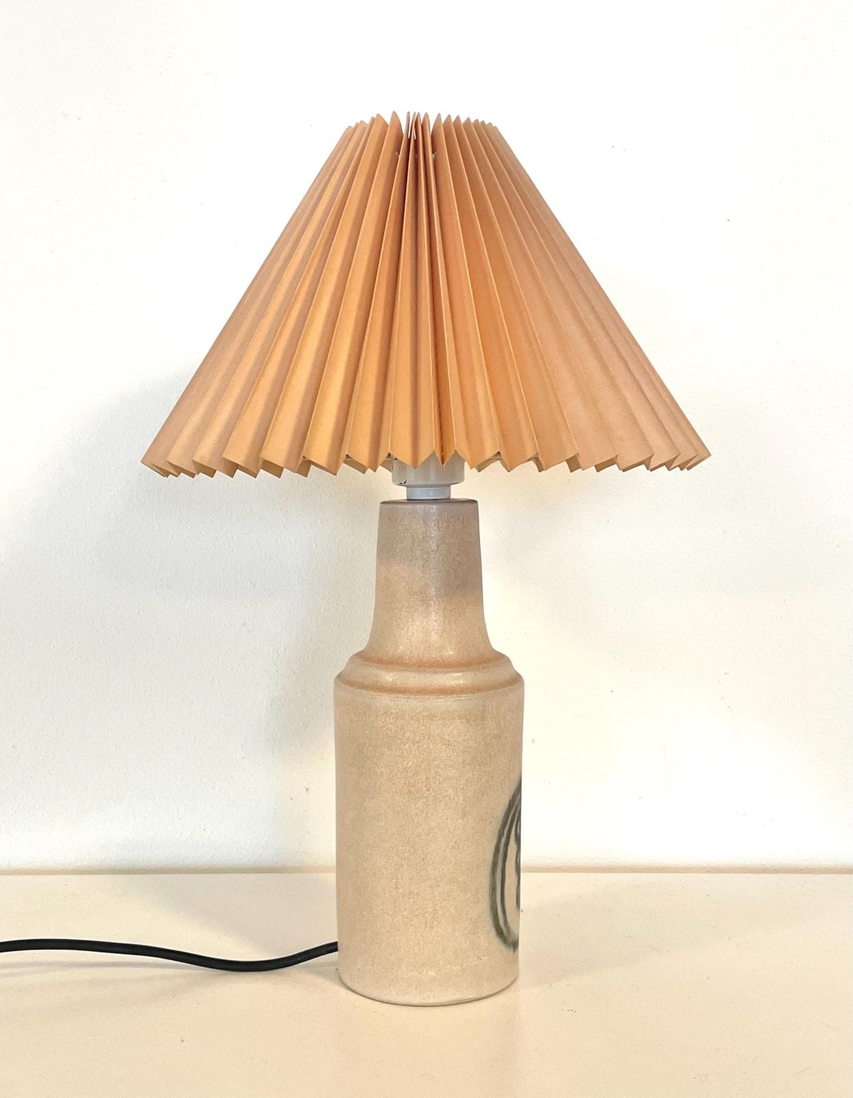 Danish Mid Century Modern Okela Vintage Stone Ware Table Lamp In Beautiful Design With Cute Pleated Shade In Beige photo Lighting