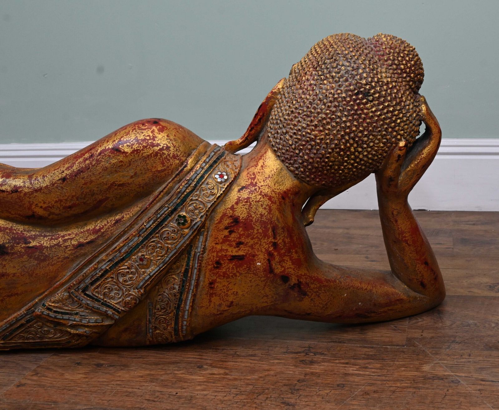 Art Burmese Reclining Buddha Statue Vintage Mandalay Buddhist 1930 photo