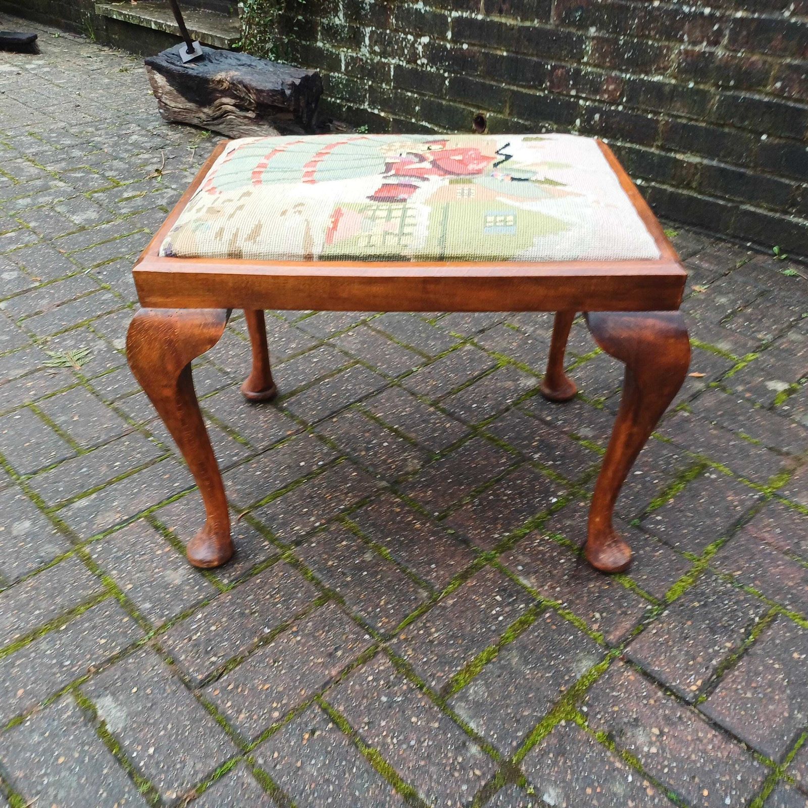 Vintage Chippendale Revival Wooden Stool With Cabriole Legs, Needlepoint Seat, Tapestry Mahogany Frame   Excellent Stool Mid Century Replica photo buy