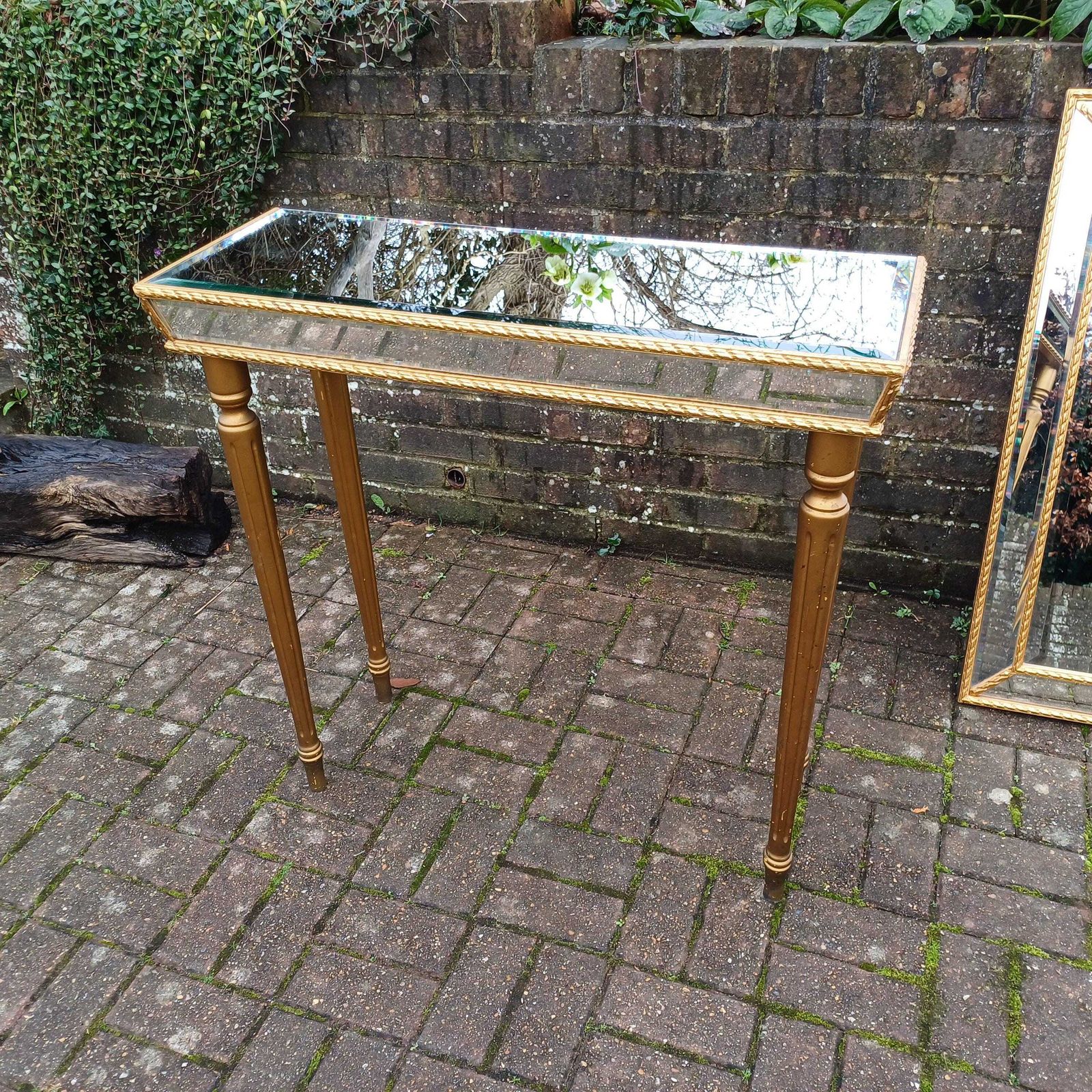 Vintage Glamorous 1980s Retro Bevelled Mirror And Gold Side Console Table And Accompanying Original Mirror photo for sale