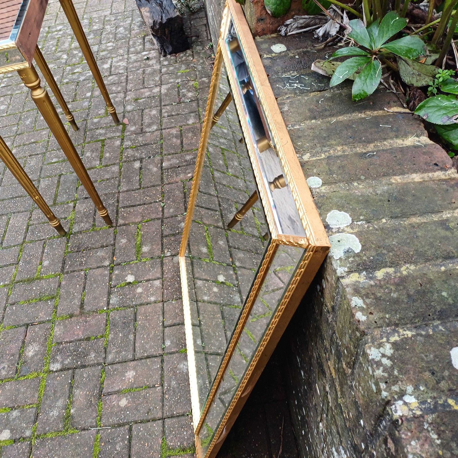 Vintage Glamorous 1980s Retro Bevelled Mirror And Gold Side Console Table And Accompanying Original Mirror photo vintage