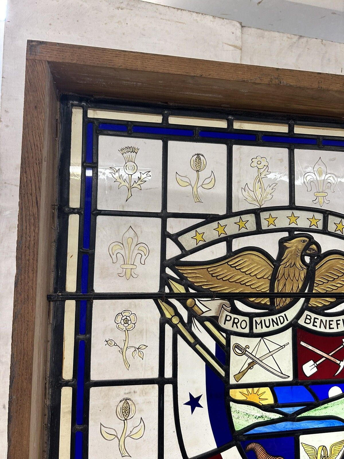 Stained Glass Window Panel Hand Painted Restored Lead Oak Frame Unique Hand Made photo 2065.0