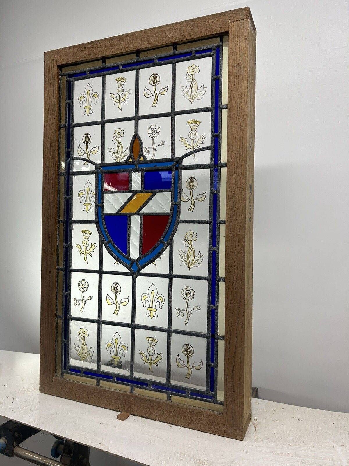 Stained Glass Window Panel Hand Painted Restored Lead Oak Frame Unique Hand Made photo Art