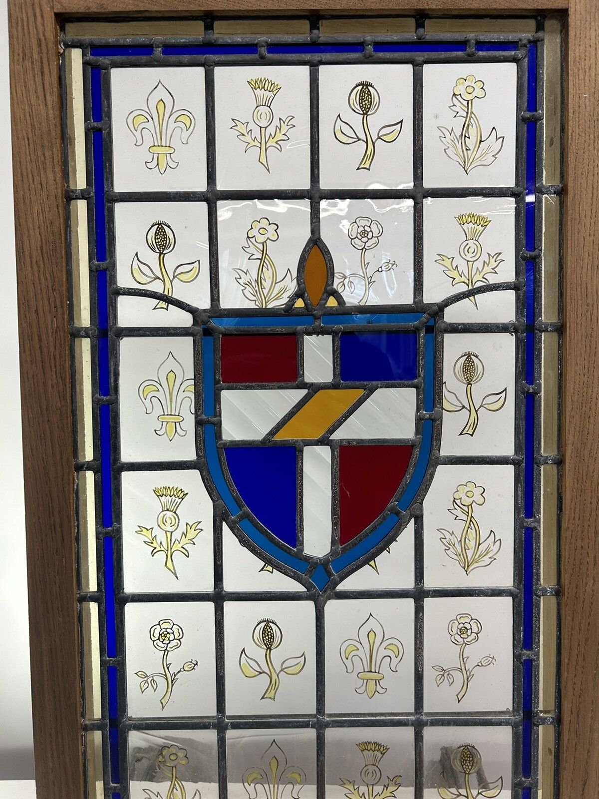 Stained Glass Window Panel Hand Painted Restored Lead Oak Frame Unique Hand Made photo vinterior