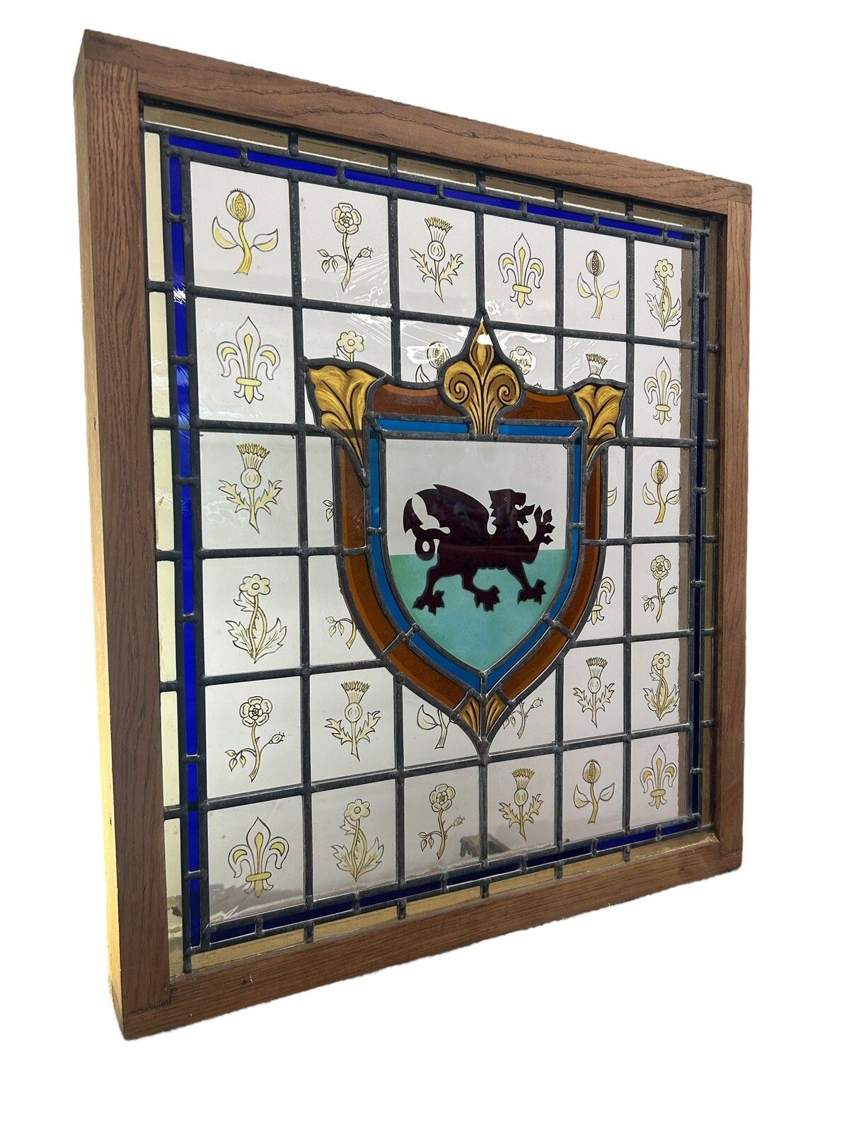 Stained Glass Window Panel Hand Painted Restored Lead Oak Frame Unique Hand Made photo Art