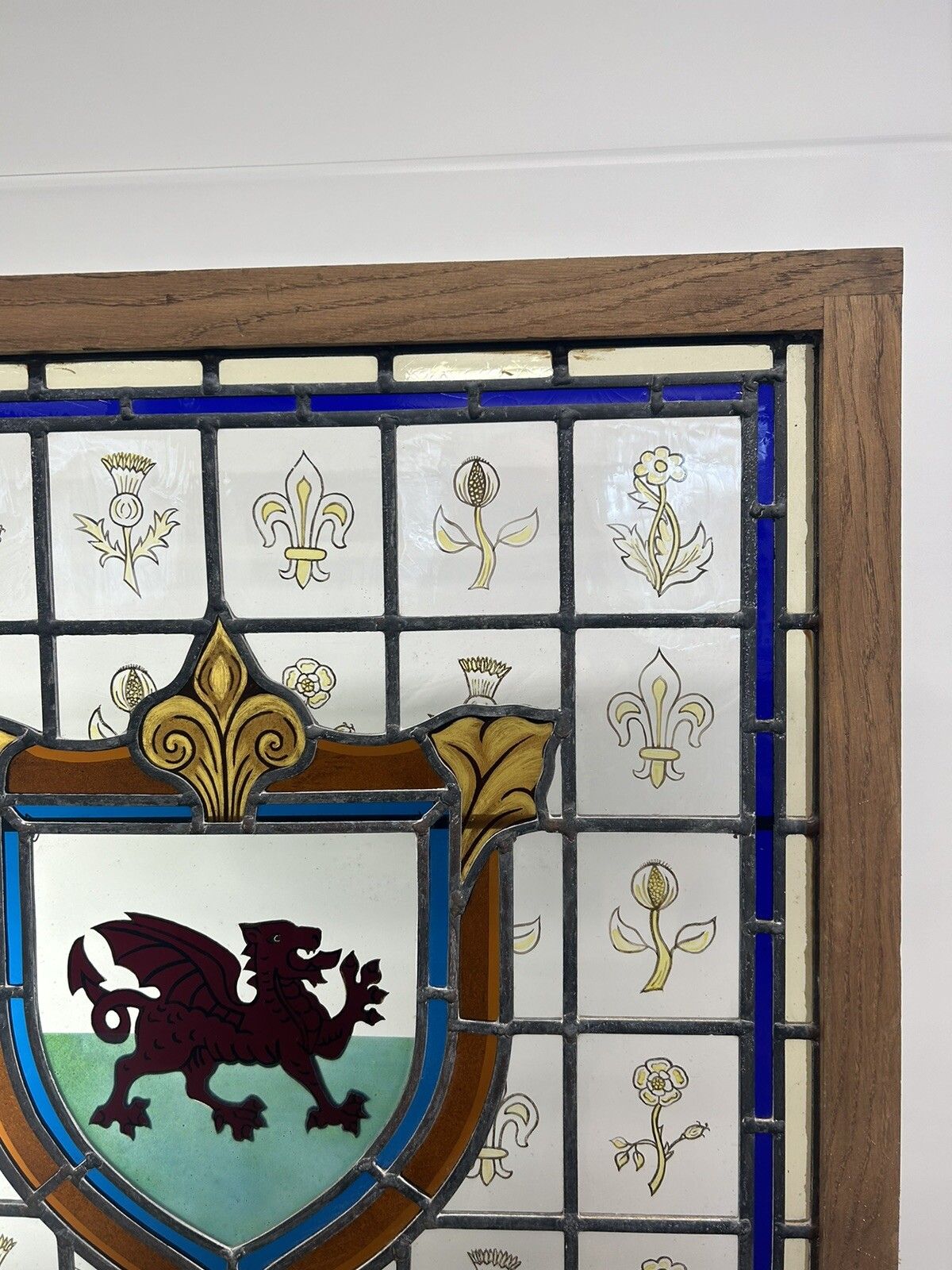 Stained Glass Window Panel Hand Painted Restored Lead Oak Frame Unique Hand Made photo vintage
