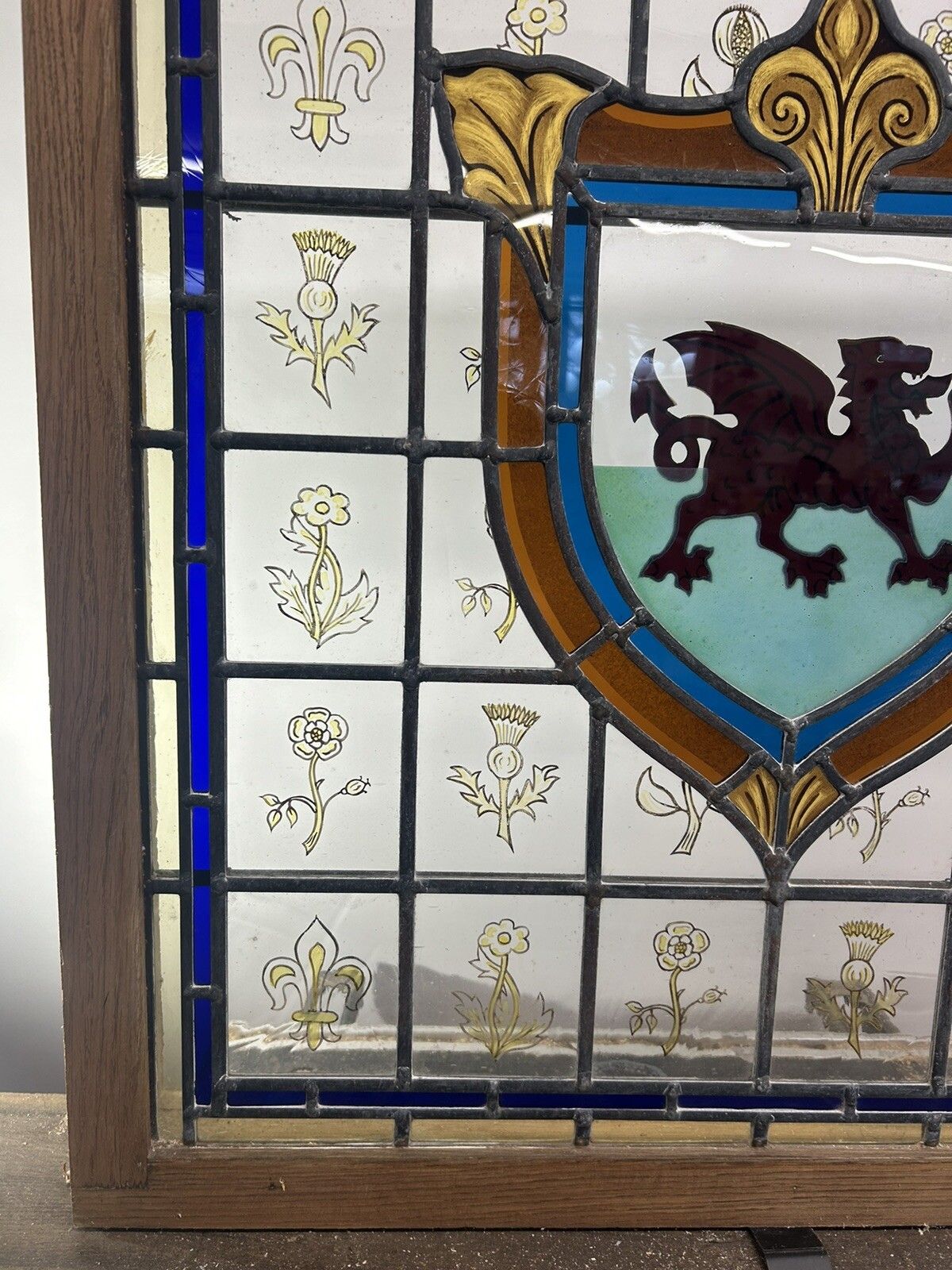 photo for sale Stained Glass Window Panel Hand Painted Restored Lead Oak Frame Unique Hand Made