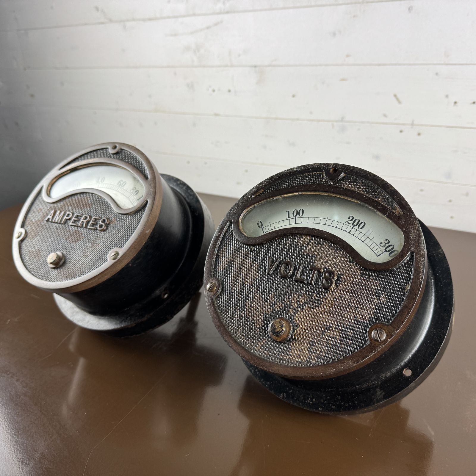 Pair Of Antique Industrial Factory Gauges Volts Amperes photo vinterior