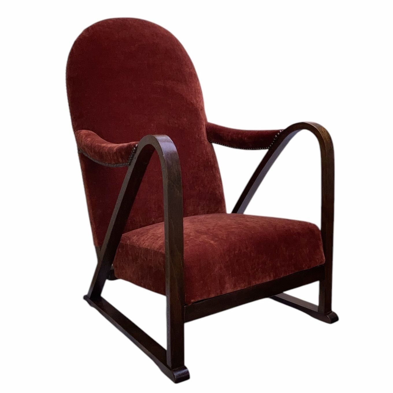 Rare Shaped Art Deco Armchair With Bentwood Frame: Redcurrant  Velvet And Bronze Tack Detailing photo for sale