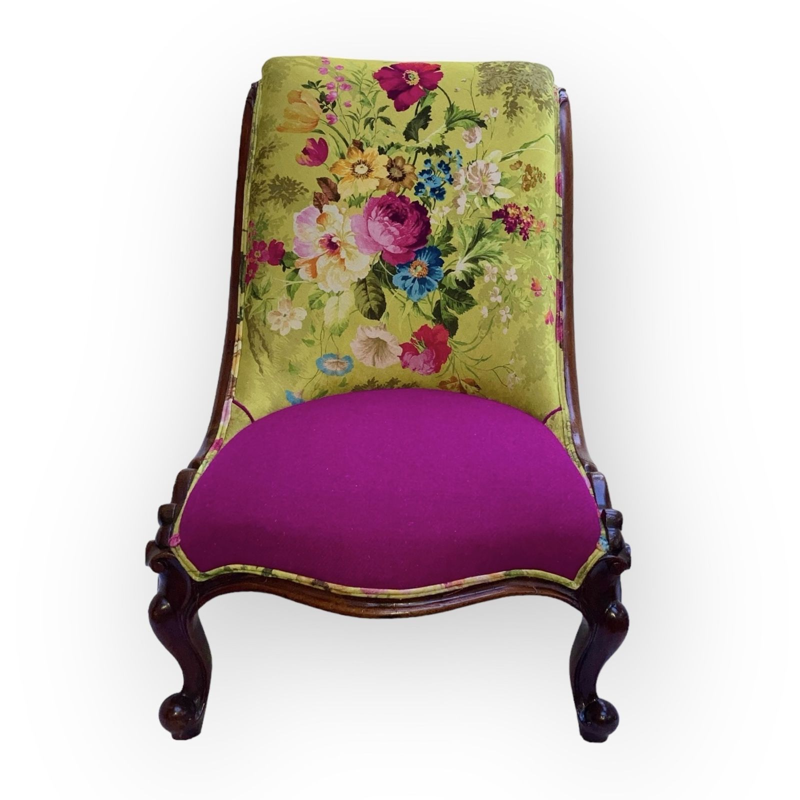 Victorian  Ladies  Slipper Chair In Mahogany Fully Restored And Upholstered In Spanish Alhambra Velvet And Harris Tweed photo for sale