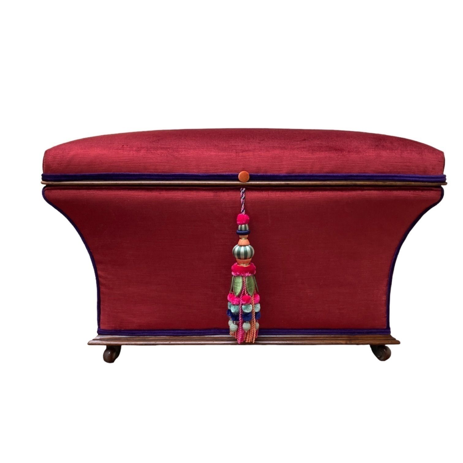 Large Victorian Concave Ottoman  In Walnut Fully Restored Ands Upholstered In Italian Made Velvet With A Tassel