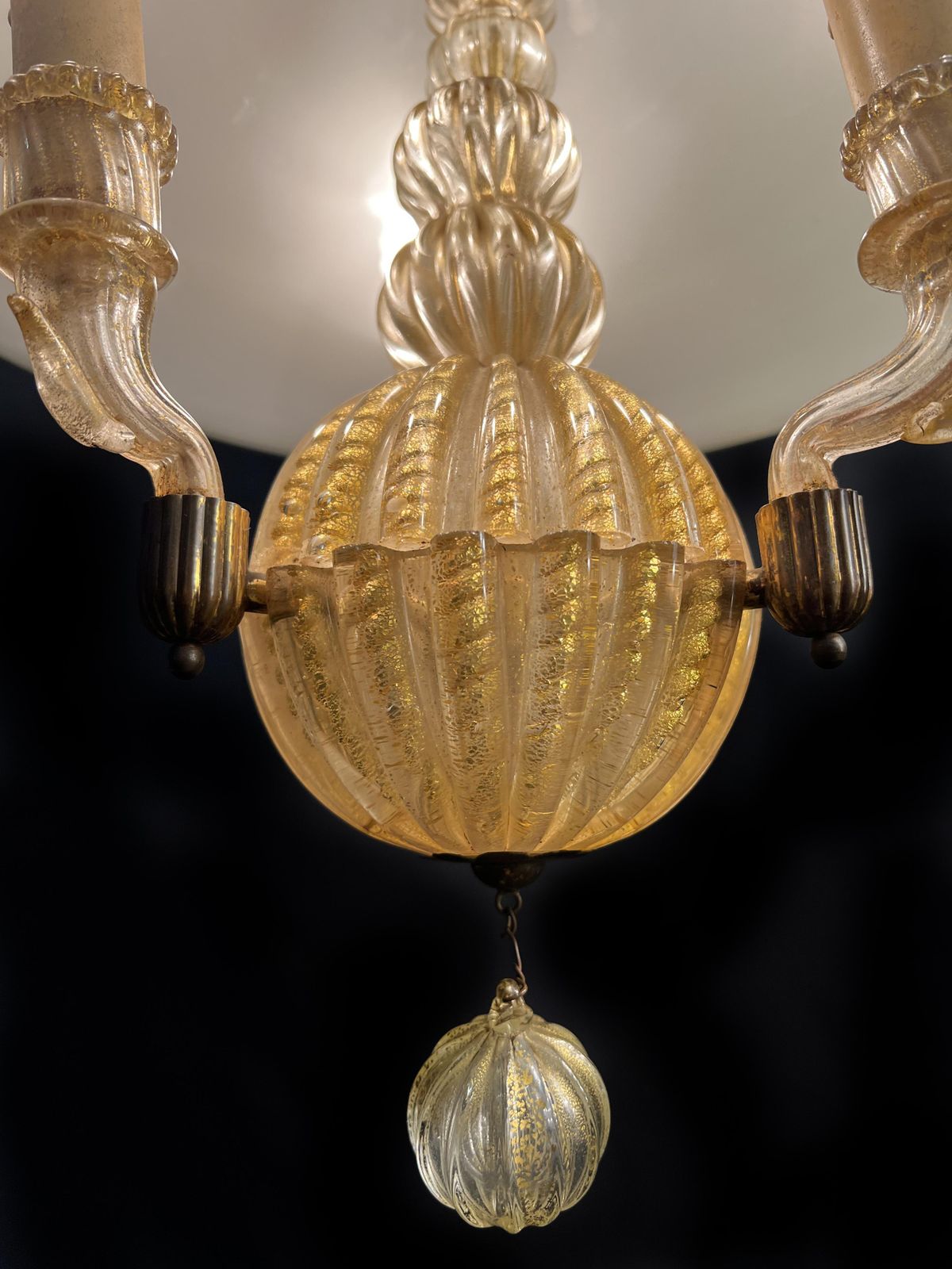 Italian Chandelier Gold Inclusion By Barovier & Toso, Murano, 1940s photo vintage