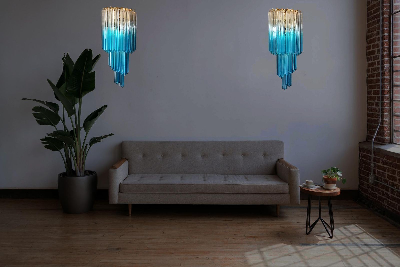 Elegant Pair Of Vintage Murano Wall Sconce   32 Quadriedri Trasparent And Blue photo furniture