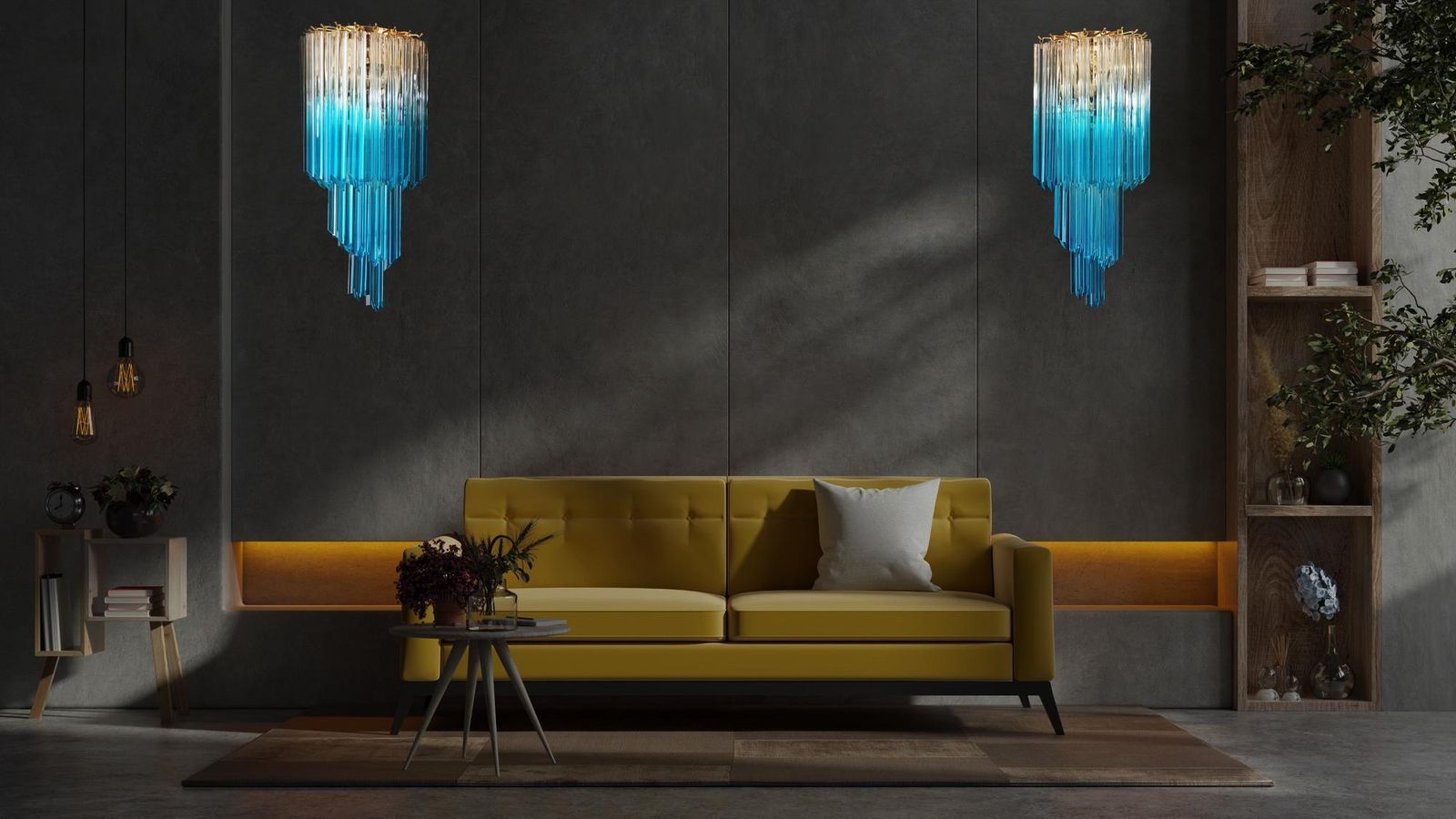 Elegant Pair Of Vintage Murano Wall Sconce   32 Quadriedri Trasparent And Blue photo vinterior