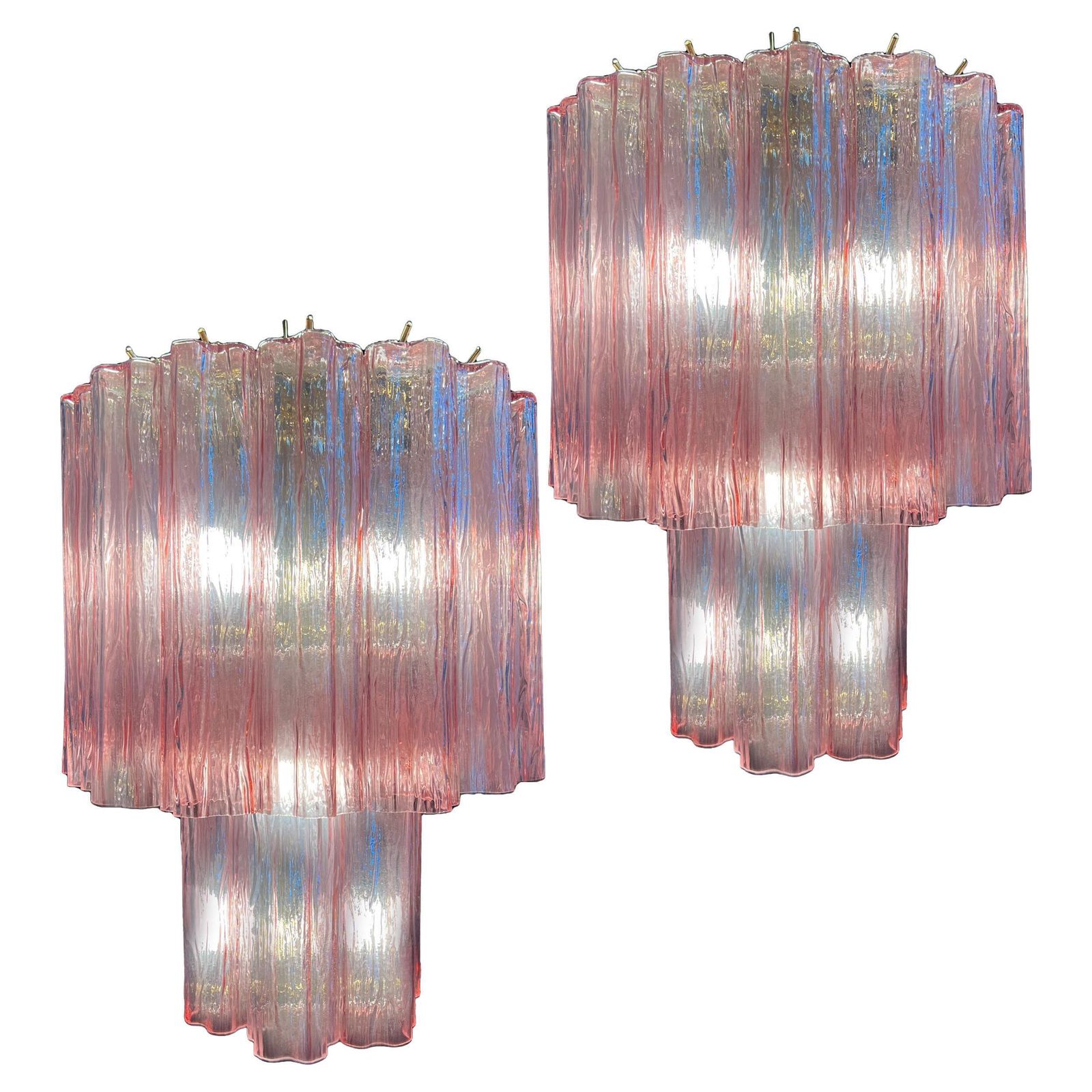 Elegant Pair Of Italian Pink Chandeliers By Valentina Planta, Murano