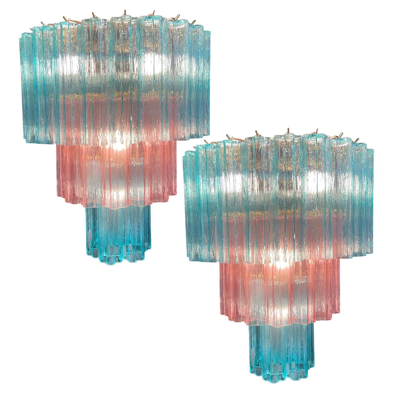 Pair Pink And Blue Murano Chandeliers By Valentina Planta