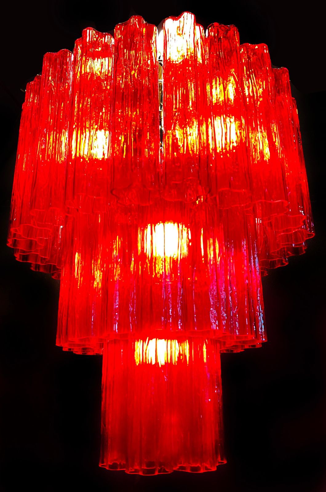 Amazing Pair Of Italian Red Chandeliers By Valentina Planta, Murano photo vintage