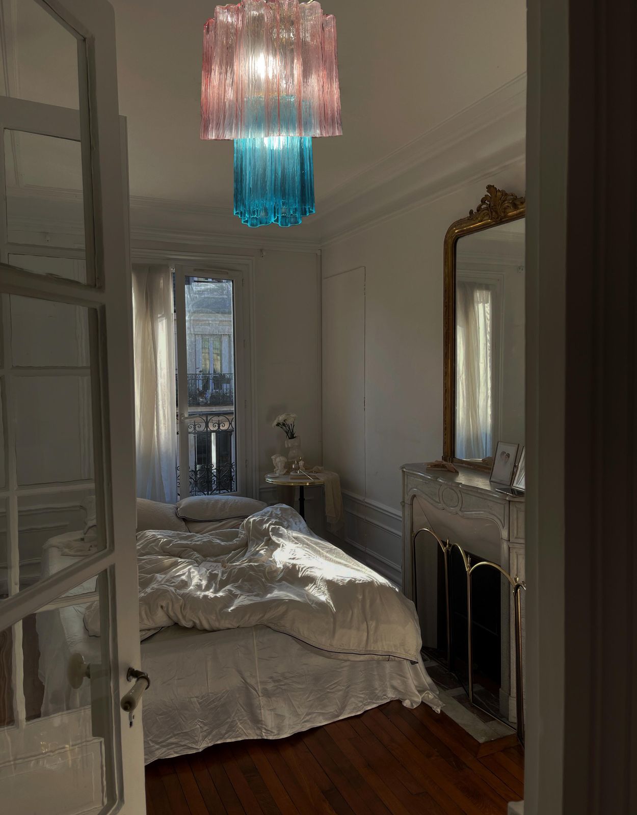 Amazing Pair Of Italian Pink Blue Chandeliers By Valentina Planta, Murano photo for sale