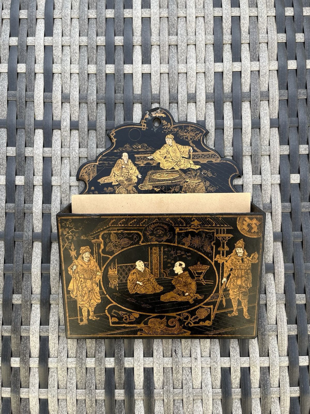 photo furniture Antique Chinoiserie Lacquer Papier Mache Wall Pocket Box Letter Rack Japonsime