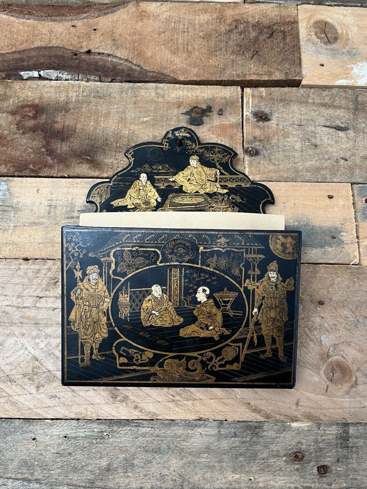 85.0 Antique Chinoiserie Lacquer Papier Mache Wall Pocket Box Letter Rack Japonsime photo