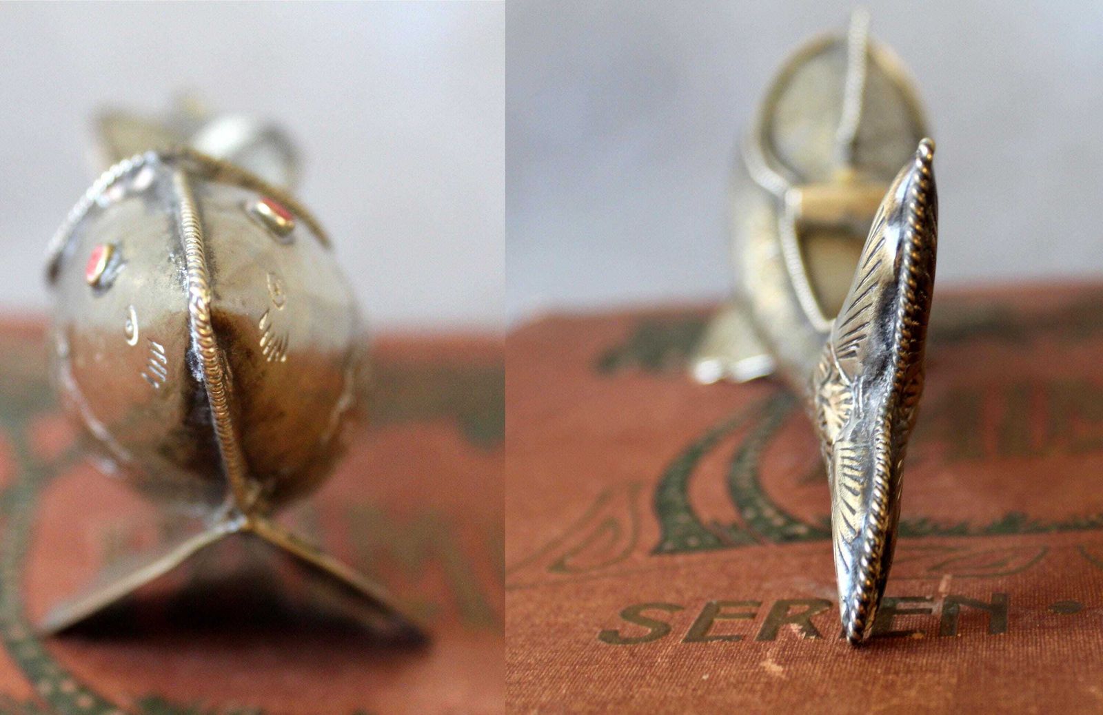 photo for sale Vintage Silver Metal Fish Shaped Box, Spice Box, Trinket Box, Koi Carpe, Hand Made, Folk Art, Red Eyes, Desk Top, Novelty, Sea Ocean