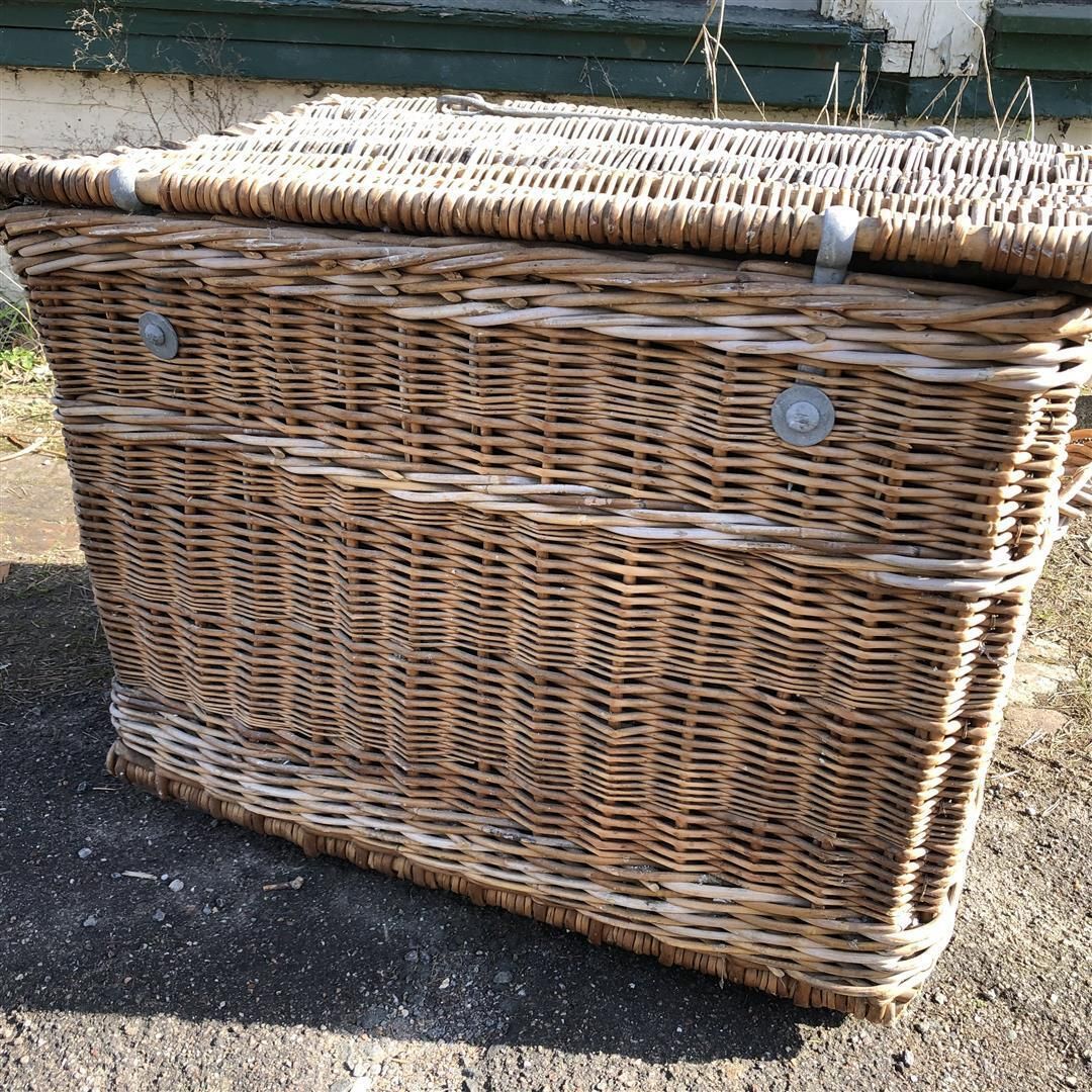 photo furniture Large Vintage Hotel Laundry Basket With Lid, On Wheels