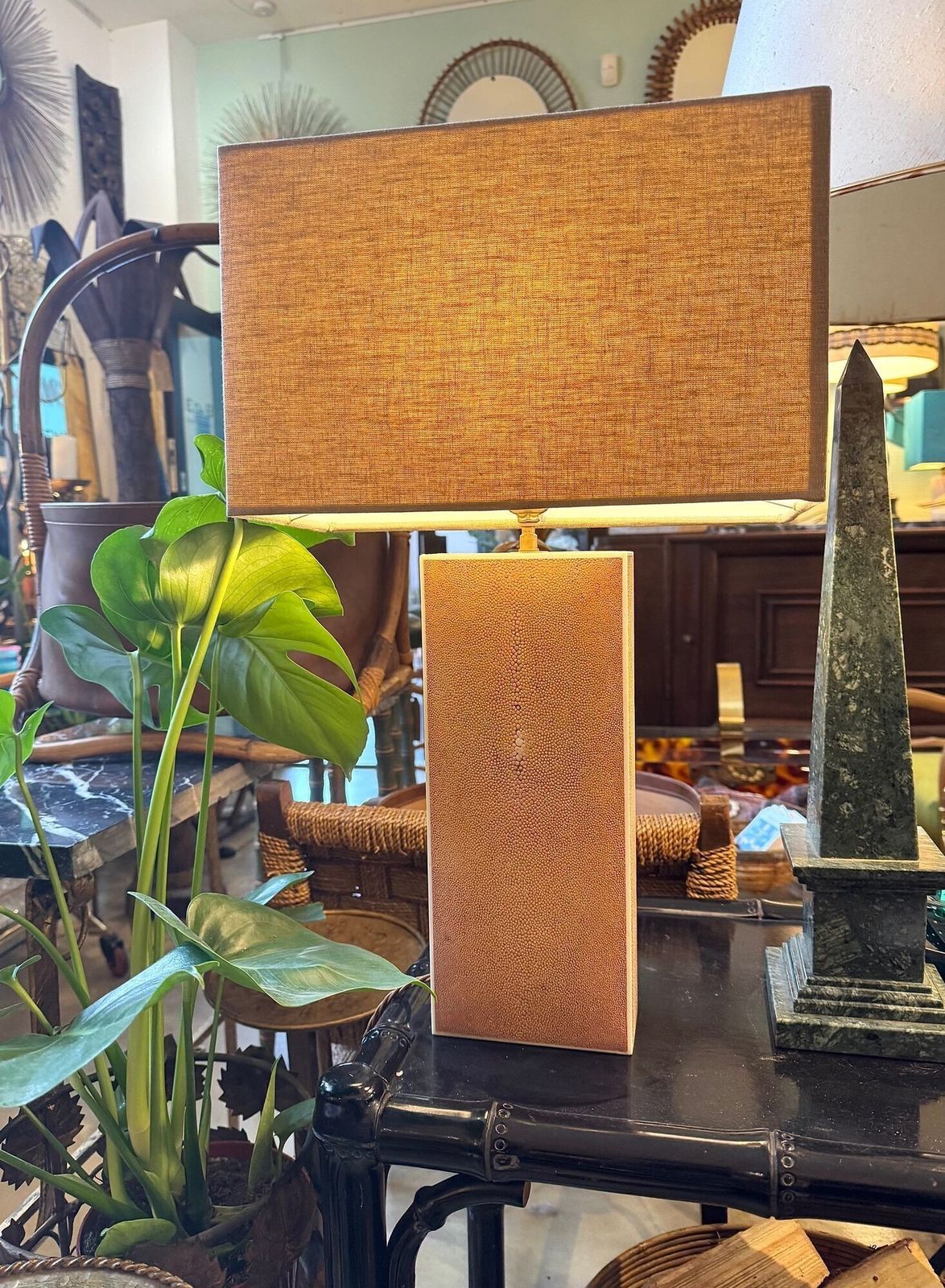 A Pair Of 1960s Pastel Pink Shagreen Lamps With Natural Linen Shades photo vinterior
