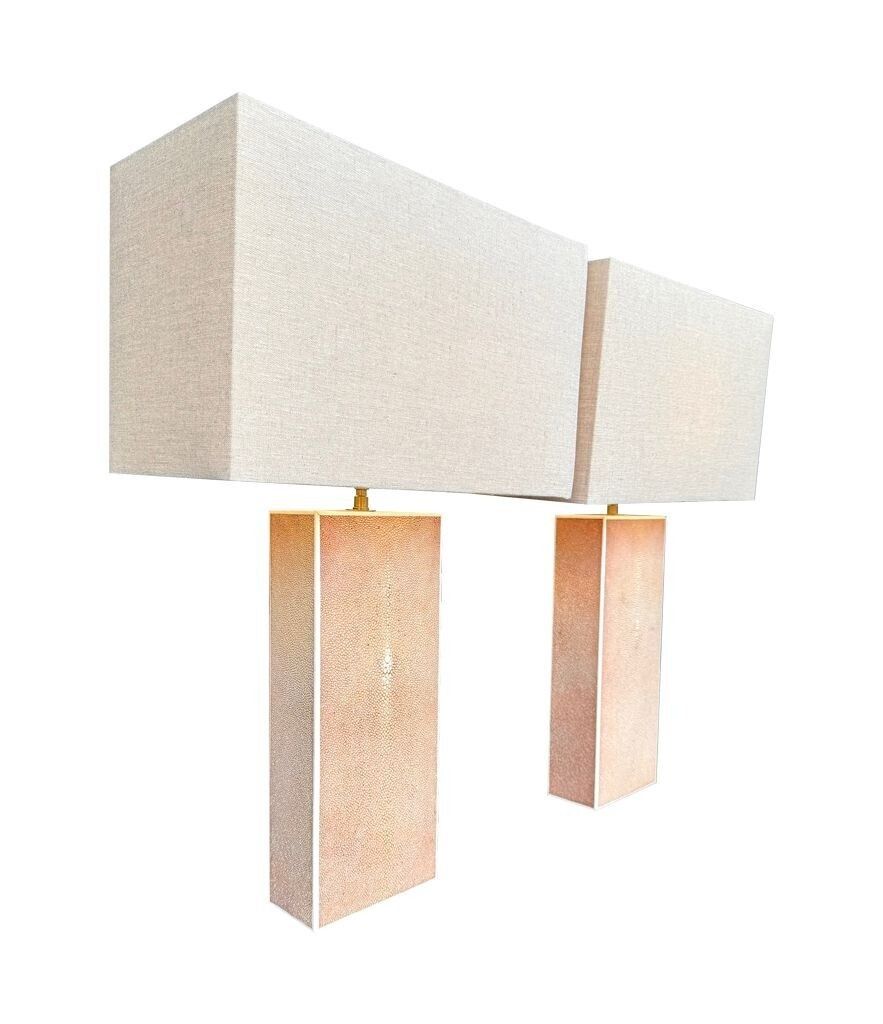A Pair Of 1960s Pastel Pink Shagreen Lamps With Natural Linen Shades photo buy