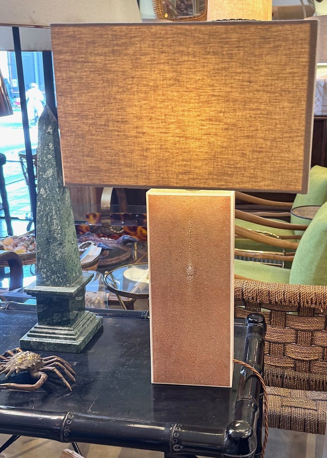 A Pair Of 1960s Pastel Pink Shagreen Lamps With Natural Linen Shades photo vintage