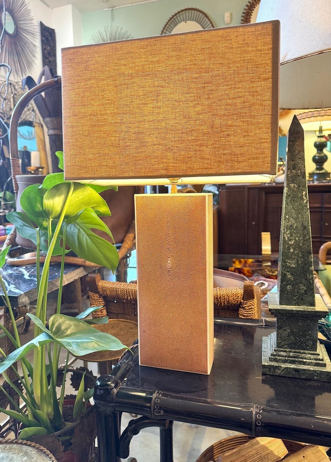 photo for sale A Pair Of 1960s Pastel Pink Shagreen Lamps With Natural Linen Shades