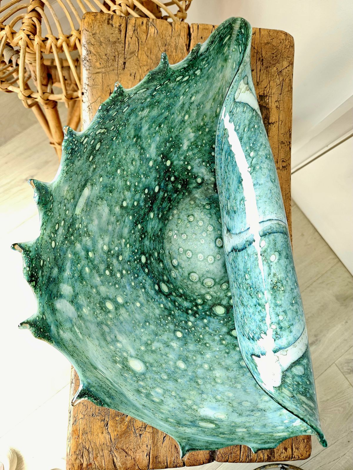 photo for sale Large And Spectacular, Sea Green, Rolled Glass Shell Ornament, Possibly Murano