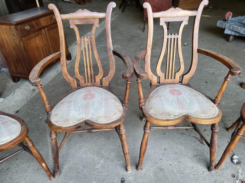 Six Antique Lyre Back Dining Chairs Heart Shaped Seats Turned Legs photo for sale